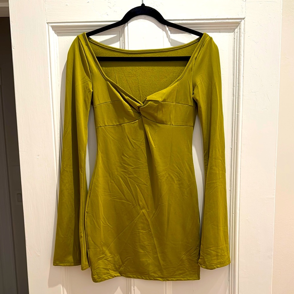 Brat Green Mini Dress with Bell Sleeves